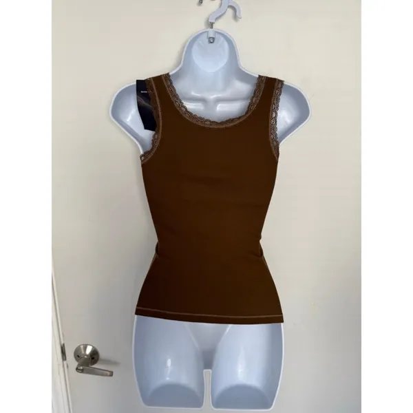 Brandy Melville Brown lace trim cotton tank top - OS - Image 3