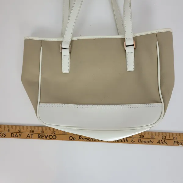 Fossil Womens Purse Bag Tan White Canvas Leather Double Strap Magnet Closure - Image 6
