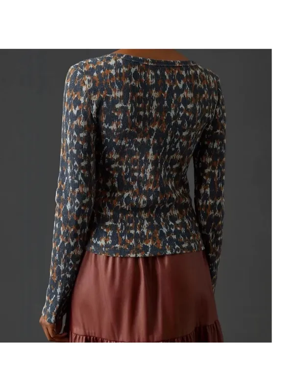 Anthropologie Pilcro notch neck waffle knit in blue orange print size small - Image 2