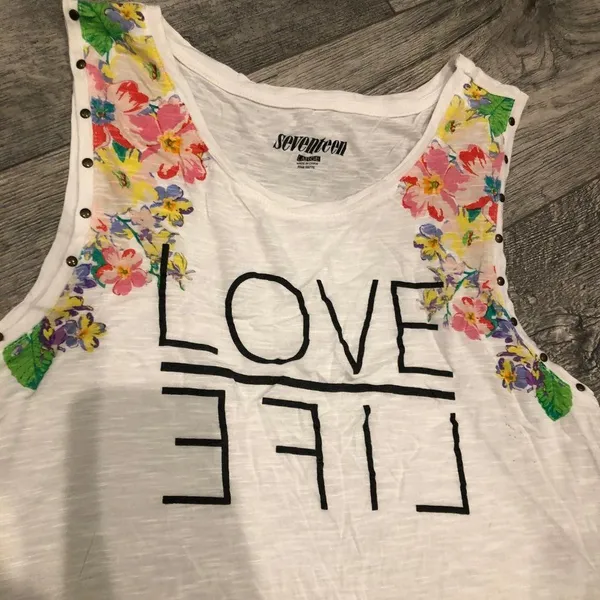 Seventeen Love Life White w/ Floral Womens Large Tank‎ Top Sleeveless Round Neck - Image 2