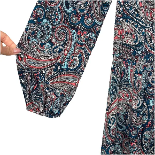 TALBOTS Teal‎ Paisley Stretch Shirred Blouson Midi Dress Size L Large Classic - Image 2