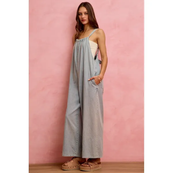 SO ME Wide Leg Lightweight Denim Overalls - Light Denim - Medium - Image 13