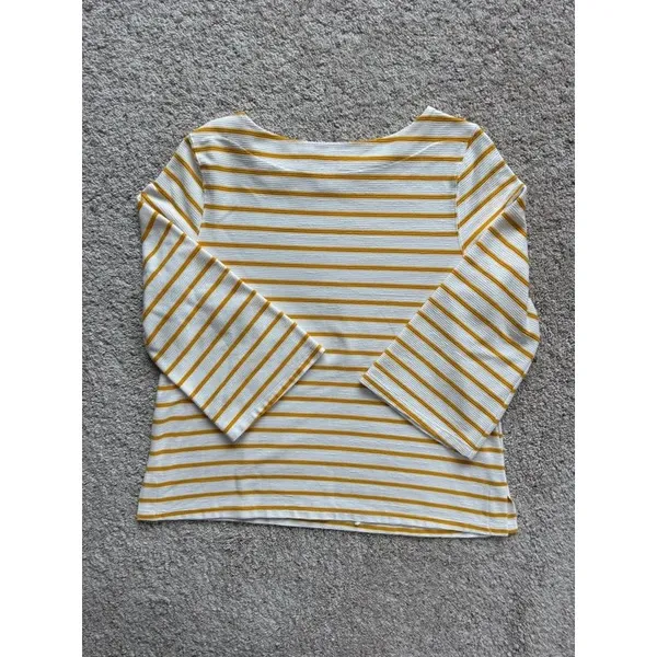 Old Navy Women Large Mustard Striped Bell Sleeve Top Ribbed Knit Boatneck Shirt - Image 5