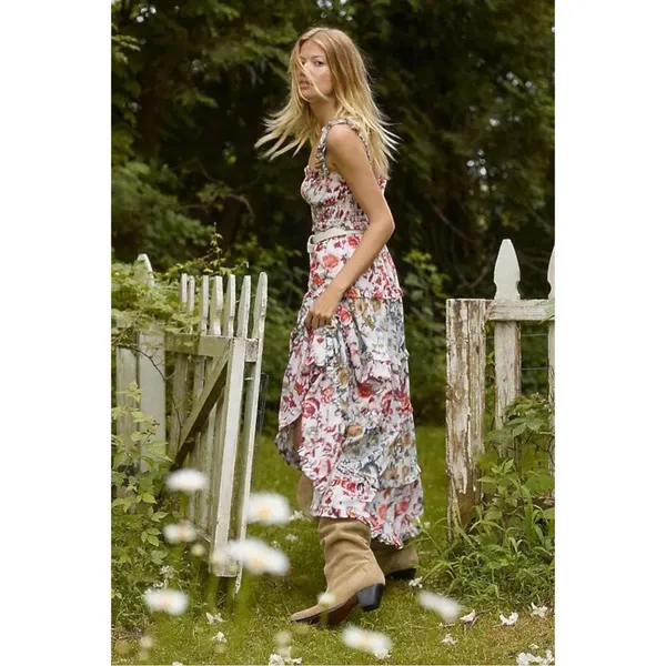 Anthropologie Sleeveless Square-Neck Ruffle Tiered Midi Dress Floral Medium - Image 5