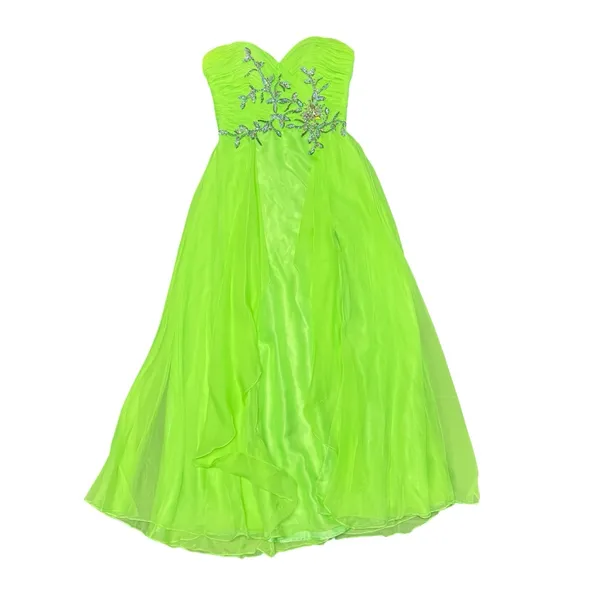 Mac Duggal Strapless Bedazzled Sparkle Long Chiffon Gown Dress Neon Green 10 - Image 3
