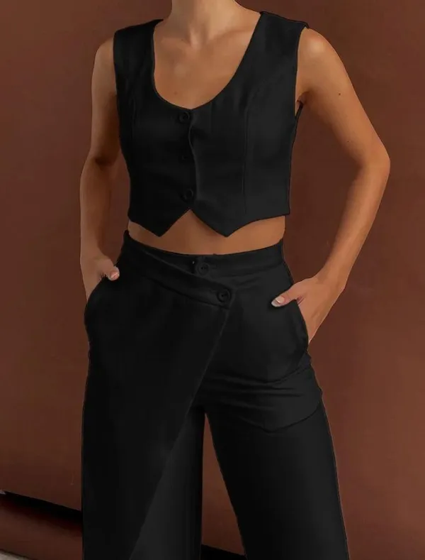 Commense Solid Asymmetrical Straight Leg Pants Set size xs Black - Image 2