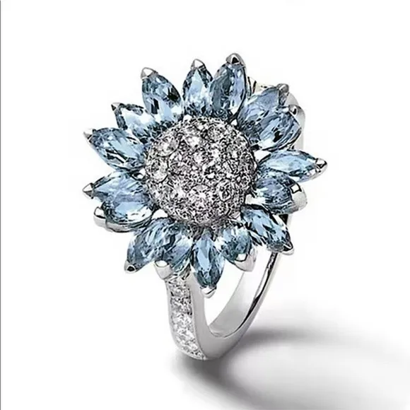 Sunflower Statement Ring Blue CZ Crystal Petals Silver Tone Size 10 NWT - Image 6
