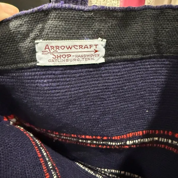 Vintage Arrowcraft shop earthy handwoven Stylish Navy Tote with Pom-Pom Details - Image 3