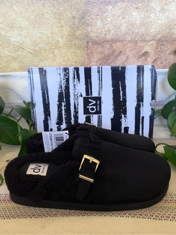 NEW DV Dolce Vita Faux Suede Clog Mule Gold Buckle Black Slide Slippers, Size 10 - Image 3