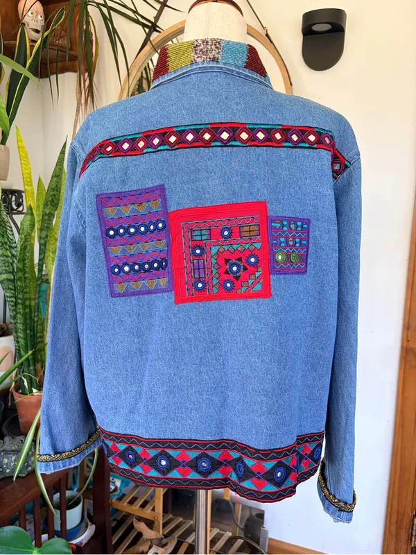 VTG Chico's‎ Design Beaded Mirror Denim Jacket Sz 3 L Boho Festival Cottagecore - Image 3