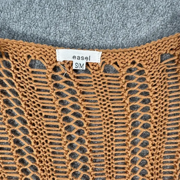 Easel Crochet Open Knit Duster Cardigan Small/Medium Brown Fringe Boho - Image 3