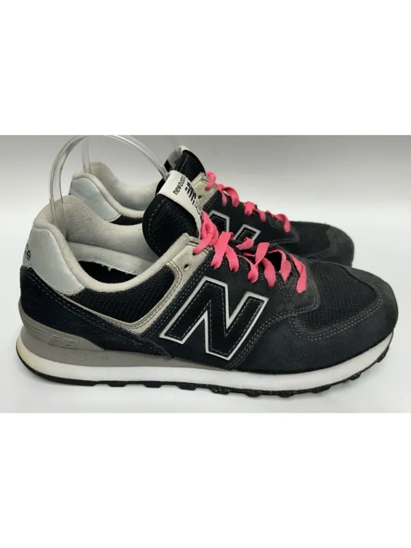 New Balance 574 Sneakers Womens 8 Black Suede Pink Laces Retro Running Athletic - Image 10