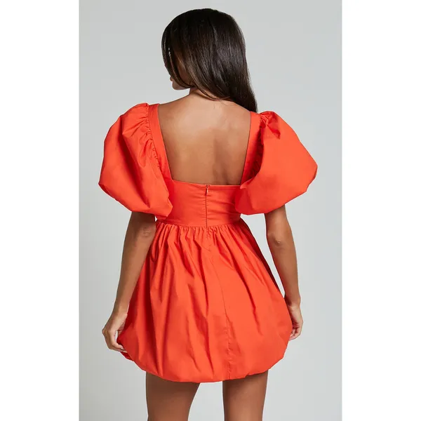 Showpo Tamara Puff Sleeve Mini Dress - NWOT Ruched Cotton Orange Dress US 8 - Image 4