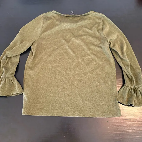 J crew pea green shimmery Gold Ruffle‎ Sleeve Top size medium - Image 5