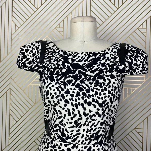 Tibi Animal Print Leather Panel Dress Black Cream Size‎ US 2 - Image 5