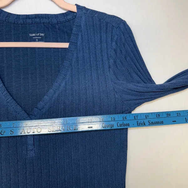 State of Day Intimates Blue Ribbed Henley Pajama Set Long Sleeve Wide Leg Small - Image 6
