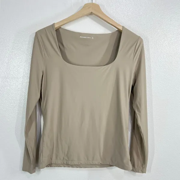 Abercrombie & Fitch Square Neck Top Womens XL Tan Long‎ Sleeve Stretch Essential - Image 2