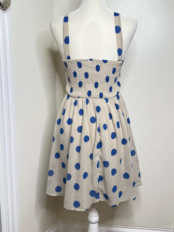 Lottie & Holly Polka Dot Fit & Flare Dress Size 8 Beige Blue Criss Cross Straps - Image 5