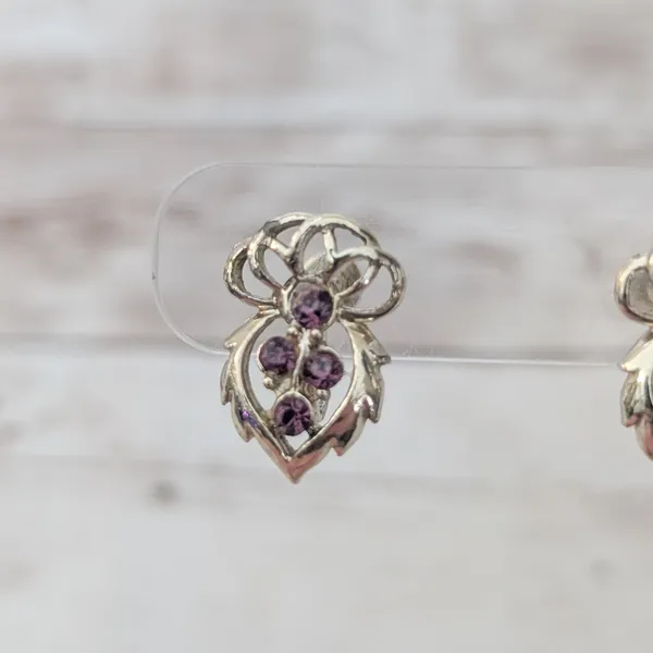 Vintage Screw On Earrings Gold Tone with Purple Gems - Gold Tone Chipping - Image 2