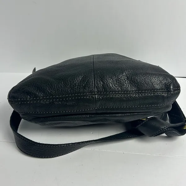 Fossil Vintage Black Leather Crossbody Bag Brown Trim Brass Key Y2K - Image 10