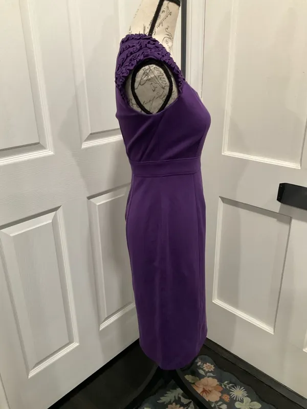 London Times Purple‎ Sheath Dress With Ruffled Cap Sleeves - Image 2