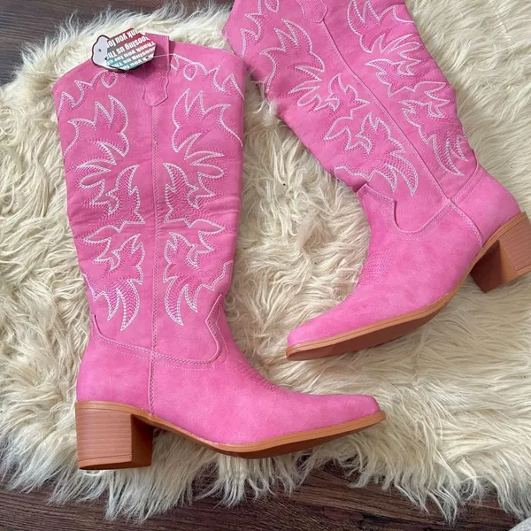 Pink Flame Faux Suede Knee High Cowgirl Western Boots US 7.5 - Image 2
