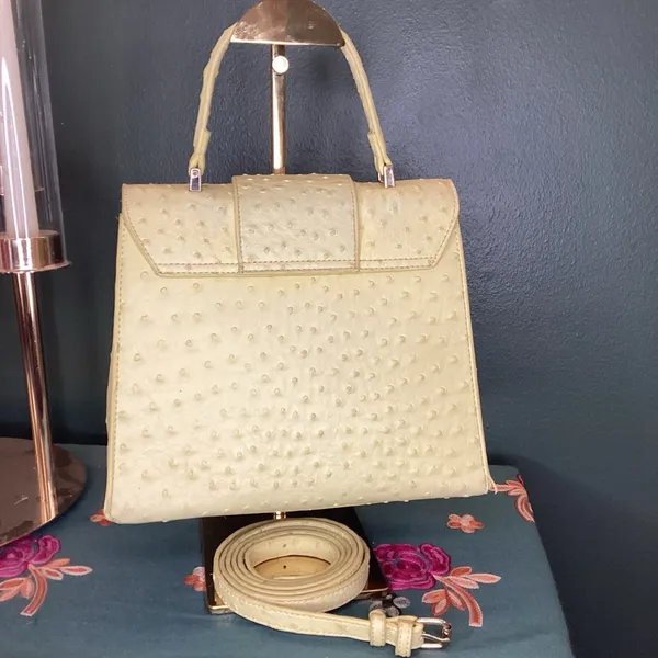Grossi Ostrich Embossed Satchel Handbag Small Pale Yellow Good Faux‎ Leather - Image 2