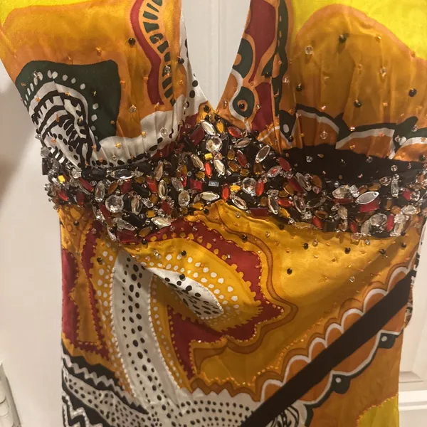 MARY L COUTURE Beads Halter print Dress Sz 10 Yellow Multi 100% SILK - Image 9