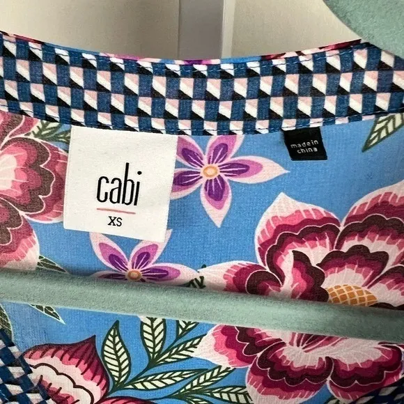 Cabi Floral V-Neck Shift Dress Sheer‎ Sleeve Blue XS 5612 - Image 5