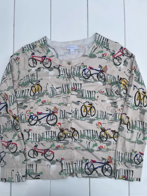 Charter Club Retro Bicycle and Garden Button Up Cardigan, Size L - Image 2