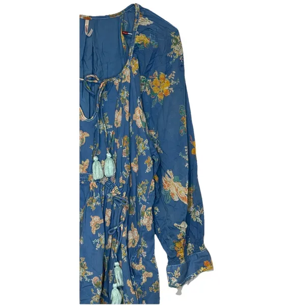 Free People Women's Dress Peasant Floral Tassel 3/4 Sleeve Cotton‎ Blue Medium - Image 2