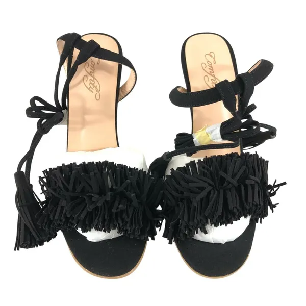 Comfity Womens Heels Faux Leather Fringe Open Toe Stilettos Lace Up Black 7 - Image 2