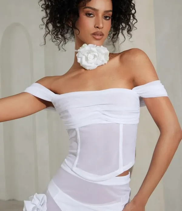 Off Shoulder Mesh Ruched Top - Image 3