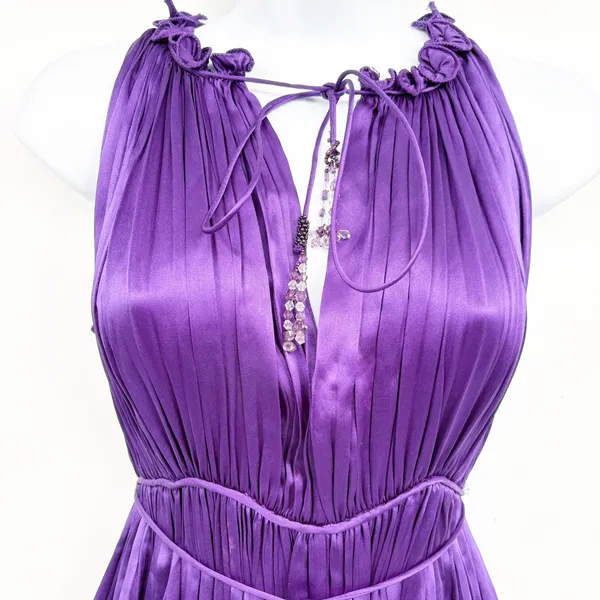 Blessed and Lucky Womens Purple 100% Silk Pleated Halter Maxi Prom Gown Dress XS - Image 3