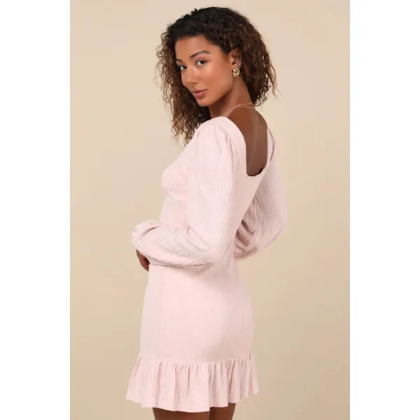 NWT Lulus Coveted Sweetness Blush Pointelle Knit Long Sleeve Mini Dress Size L - Image 3