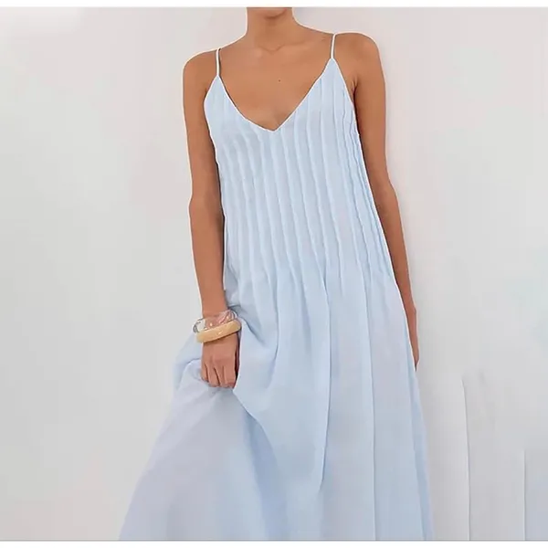 NEW Blue Cotton Pleated Spaghetti Strap Vacation Maxi Dress M - Image 8