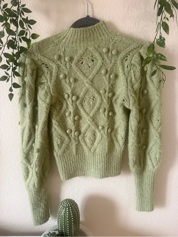 Zara Light Green Textured Bobble Turtleneck Sweater - Image 2