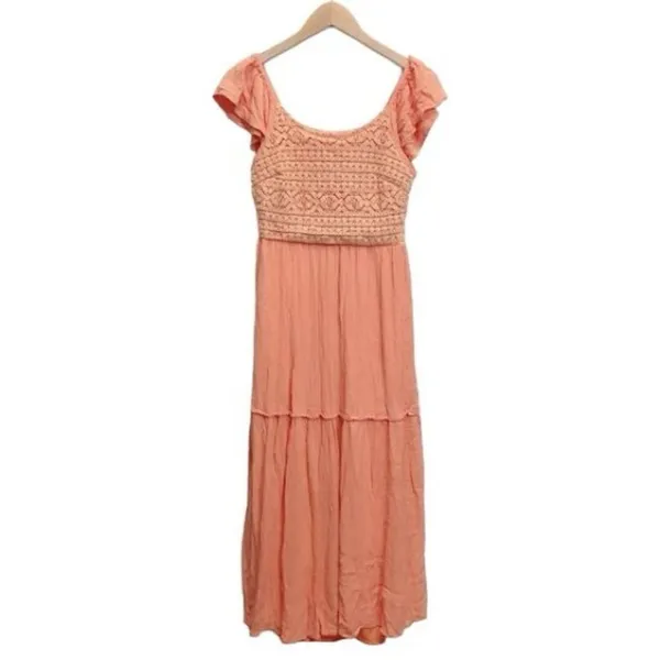 Sincerely Jules Milkmaid Tiered Maxi Dress Sleeveless Flutter Sleeve Coral Large - Image 3