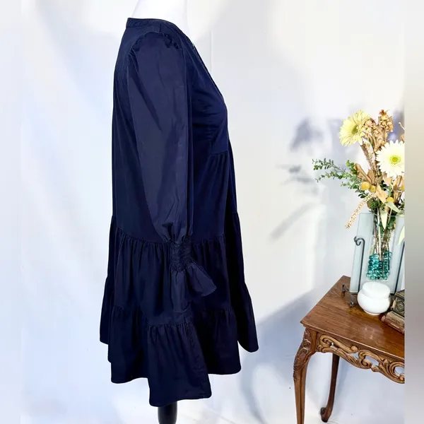 Pomander Place Kenzo Navy Cotton Poplin Tiered Dress Ruffle Sleeve~S🧡 - Image 6