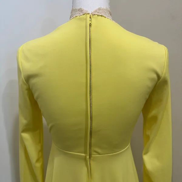 Vintage 1970s Victorian Edwardian Revival Yellow Lace Neck Maxi Dress Costume XS - Image 10