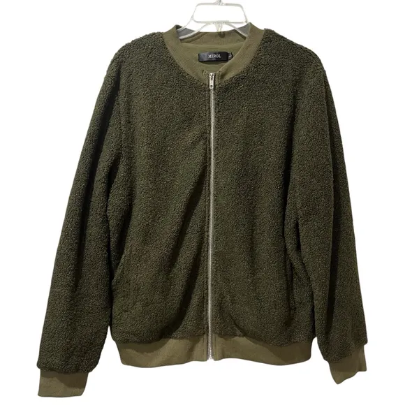 Womens‎ Mirol Sherpa Fleece bomber Faux Fuzzy Size Large Army Green Jacket - Image 2
