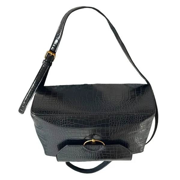 ASOS Black Croc Embossed Top Handle Crossbody Bag Gold D-Ring Satchel - Image 5