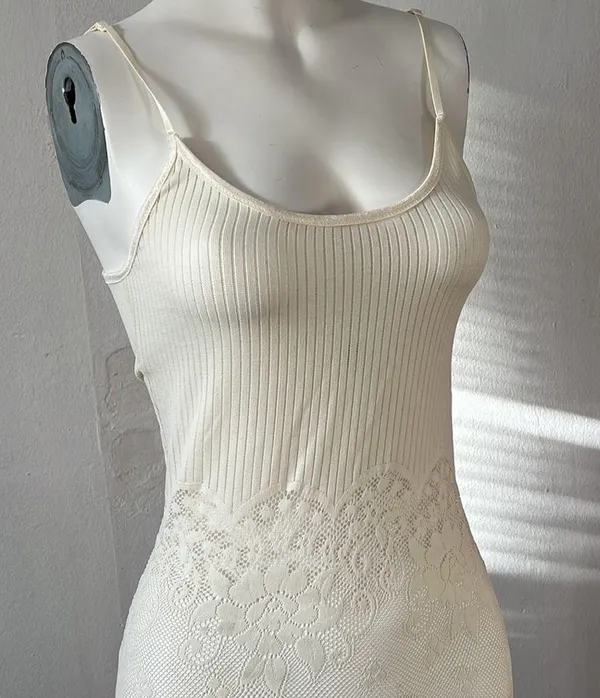 Anthropologie Easel boho ivory ribbed knit crochet floral lace mini dress small - Image 2