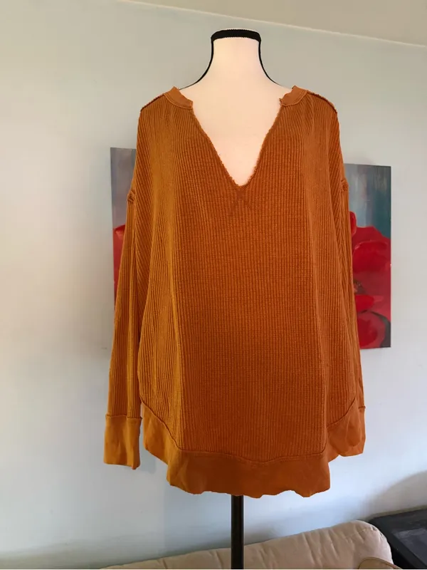 We The Free Womens Brown Ribbed Knit V-Neck Dolman Sleeve waffle Sweater Size L - Image 2