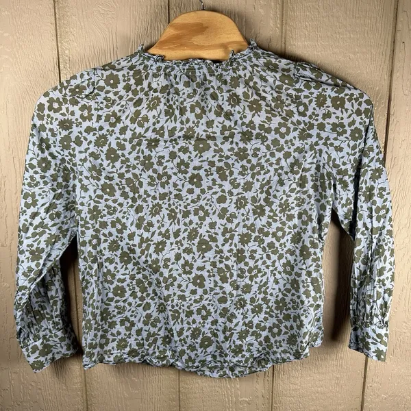 Talbots Cotton Popover Top Large Blue Sage Green Floral Ruffle Trim Long Sleeve - Image 4