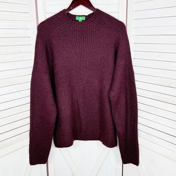 Dip Open Crew Neck Ribbed‎ Knit Wool Blend Sweater Burgundy Red Large - Image 7