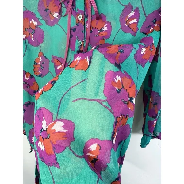 ModCloth Floral Blouse Size‎ Medium Peter Pan Collar Bow Chiffon Artsy Teacher - Image 11