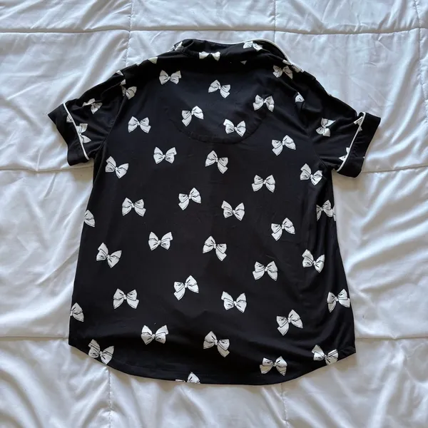 Kate Spade New York Pajama Set Black White Bow Print Button Up Shirt Pants Small - Image 5