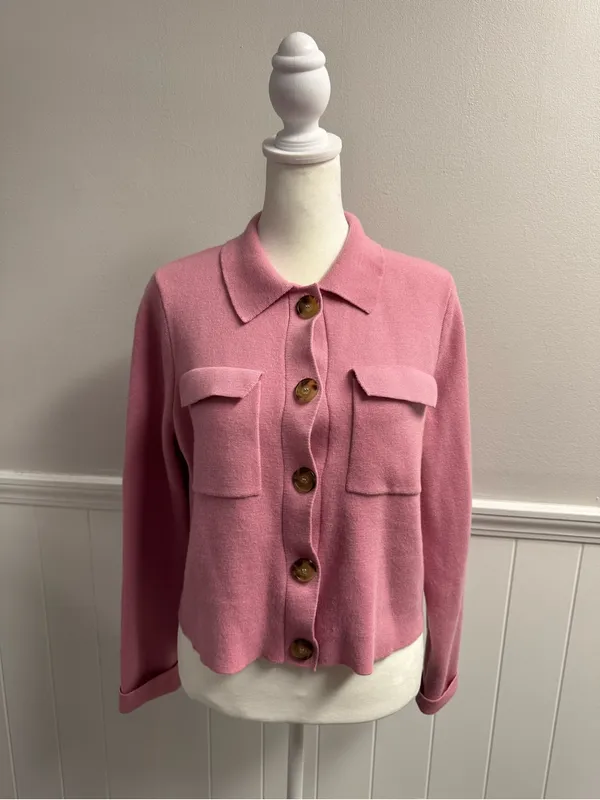 Sézane Betty Knit Long Sleeve Cardigan Merino Wool Rose Los Angeles Pink Medium - Image 13