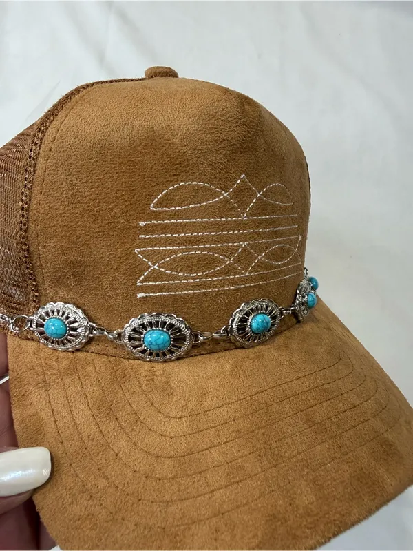 Brown Suede-Look Women’s Baseball Cap with Turquoise Concho Chain - Image 2